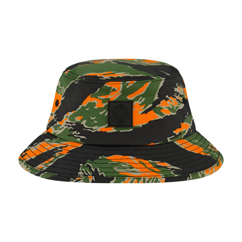 Tiger stripe Camouflage bucket hat with a visible Qilo/Noveske logo on a white background