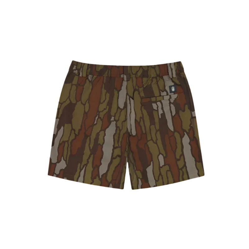 Back view of Trebark Camouflage-patterned shorts on a light gray background