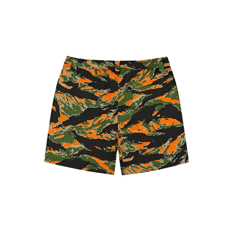 Back view of Tiger Stripe Camouflage shorts with green, blaze orange, and black pattern on a white background