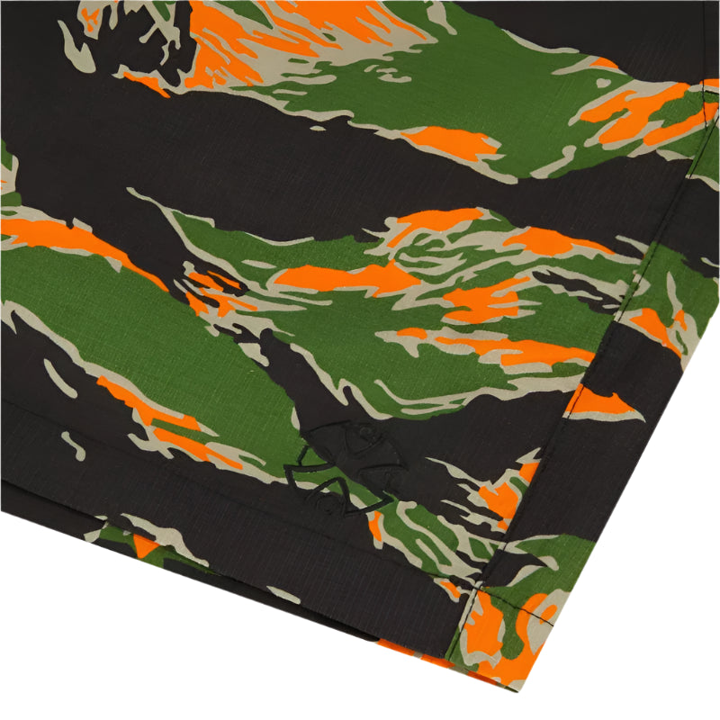 Close up of Qilo x Noveske logo on the bottom right side of the shorts