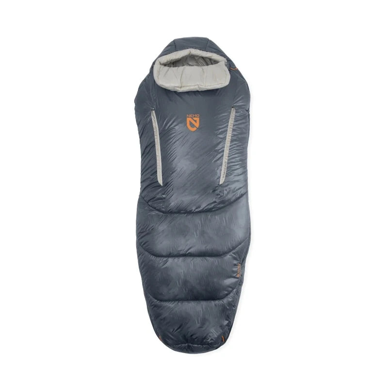 A dark gray mummy-style sleeping bag with a light gray hood lining and a small orange logo on the chest, shown against a plain white background.