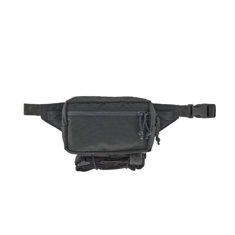 Black waist bag with multiple zipper pockets and buckled strap on a white background. Shown with a tourniquet attached to the bottom of the pouch