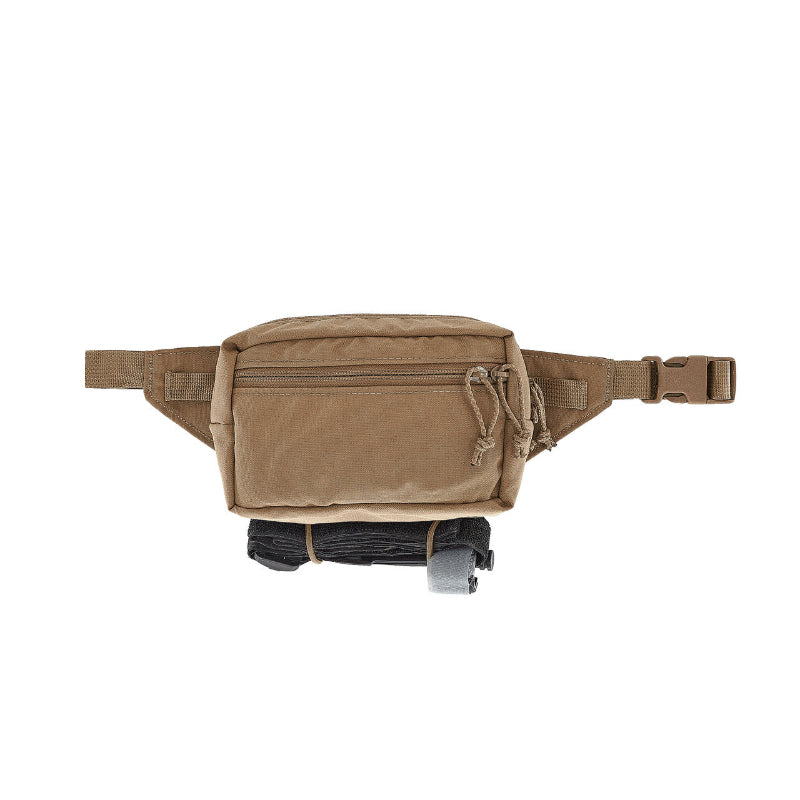 Coyote Brown waist bag with multiple zipper pockets and buckled strap on a white background. Shown with a tourniquet attached to the bottom of the pouch