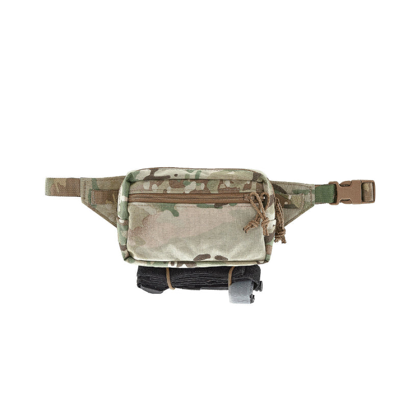 Licensed MULTICAM waist bag with a tourniquet attached at the bottom on a white background