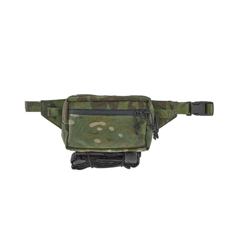 Licensed MULTICAM Tropic waist bag with multiple zipper pockets and buckled strap on a white background. Shown with a tourniquet attached to the bottom of the pouch