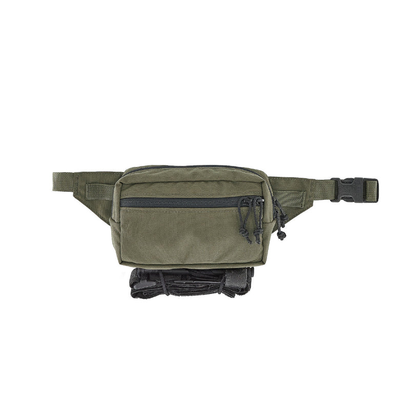 Ranger Green waist bag with multiple zipper pockets and buckled strap on a white background. Shown with a tourniquet attached to the bottom of the pouch