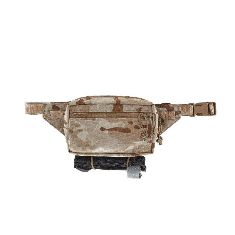 Licensed MULTICAM Arid waist bag with multiple zipper pockets and buckled strap on a white background. Shown with a tourniquet attached to the bottom of the pouch