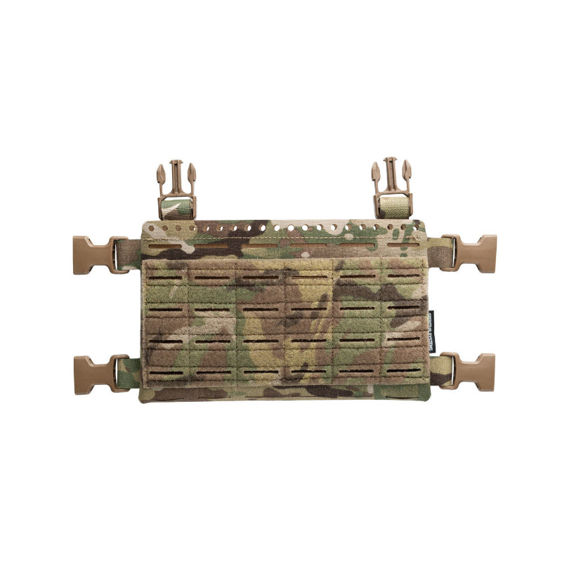Licensed MULTICAM tactical panel with multiple female and male buckles on a white background