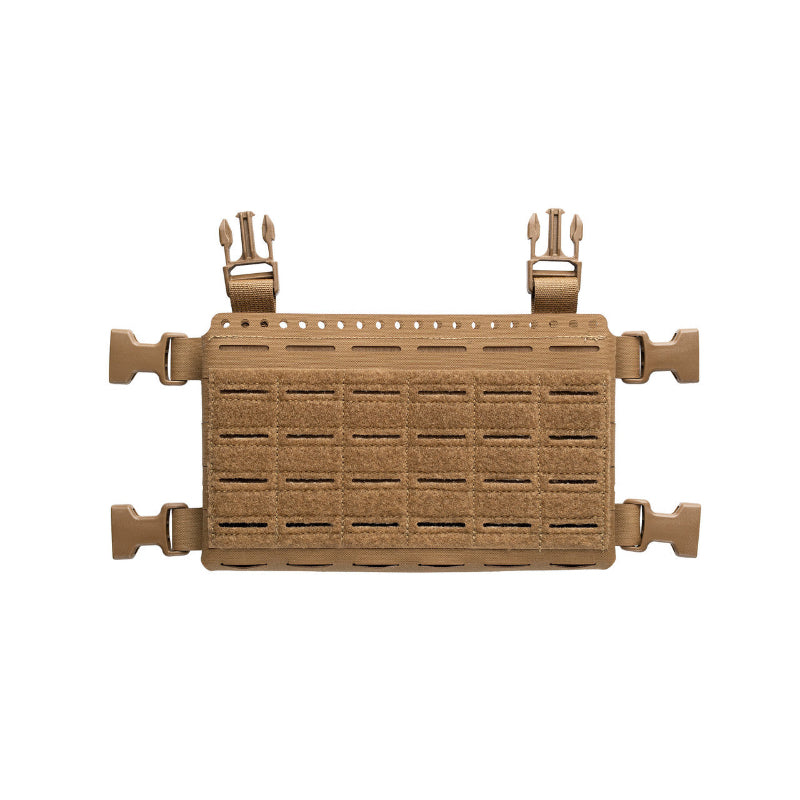Coyote Brown tactical panel with multiple female and male buckles on a white background