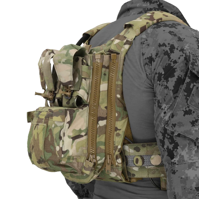 Fully kitted out Ferro Concepts FCPC Multicam Camouflage tactical vest with multiple pouches on a greyed out model