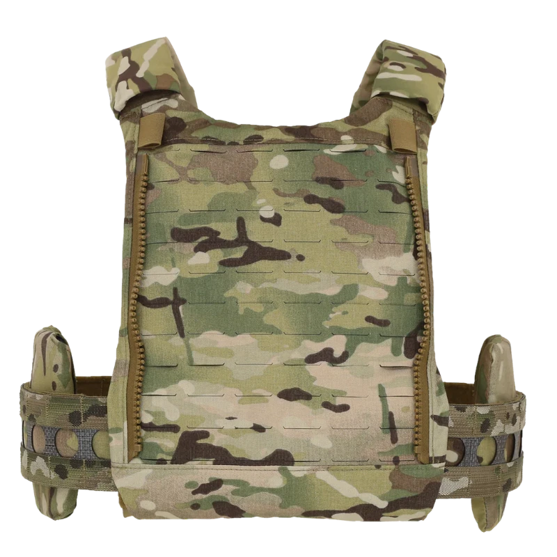 Back view of Multicam Camouflage tactical vest with side plates on a white background
