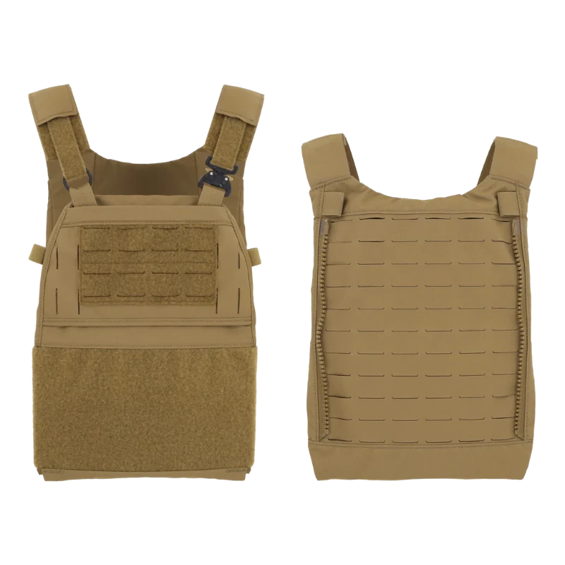 Coyote Brown tactical vest with multiple pockets and straps on a white background