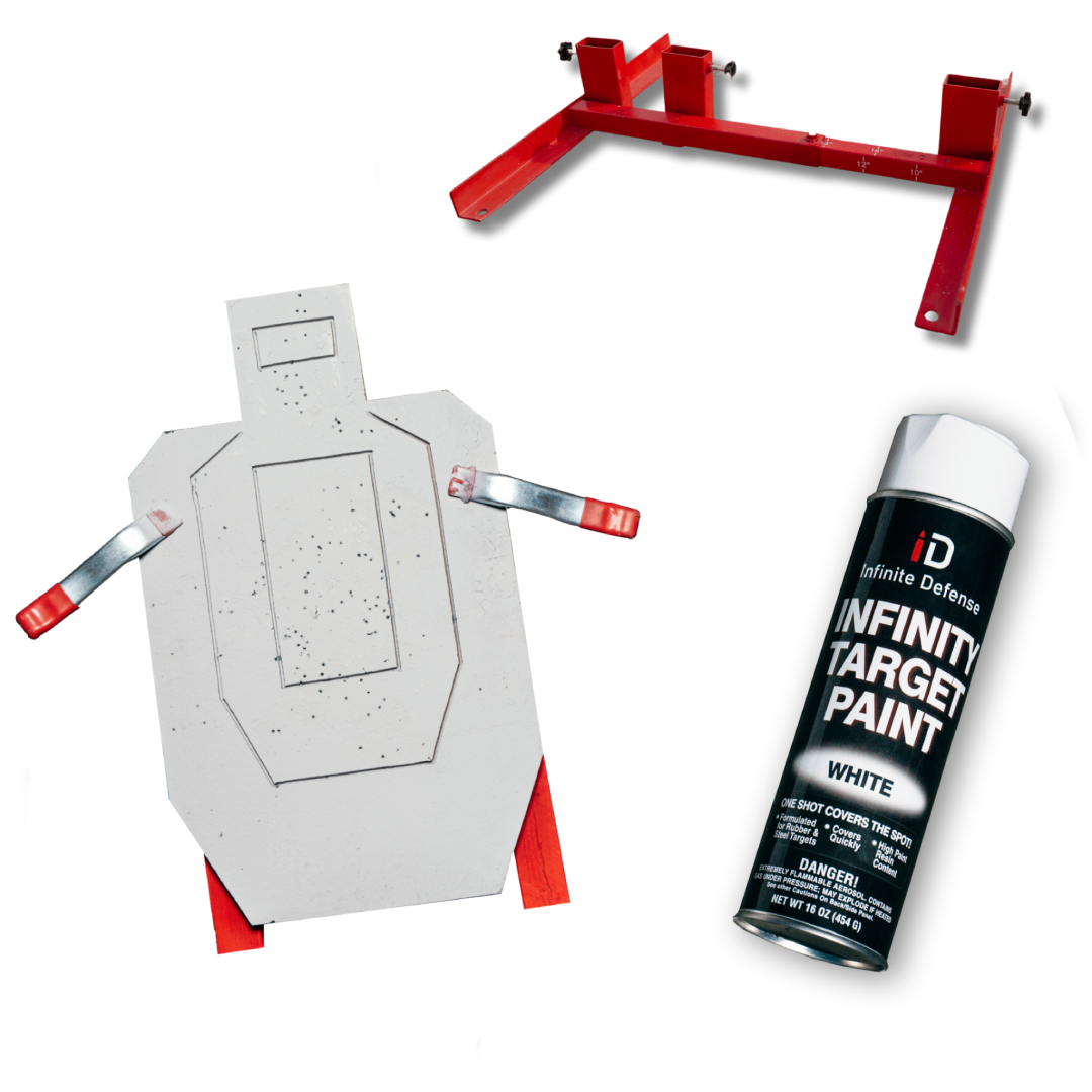 White target with red clamps, red stand, and can of Infinity Target Paint on a white background