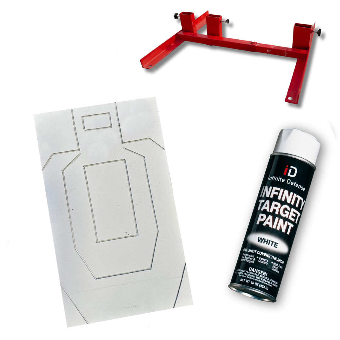 Spray paint can, target practice card, and red stand on a white background