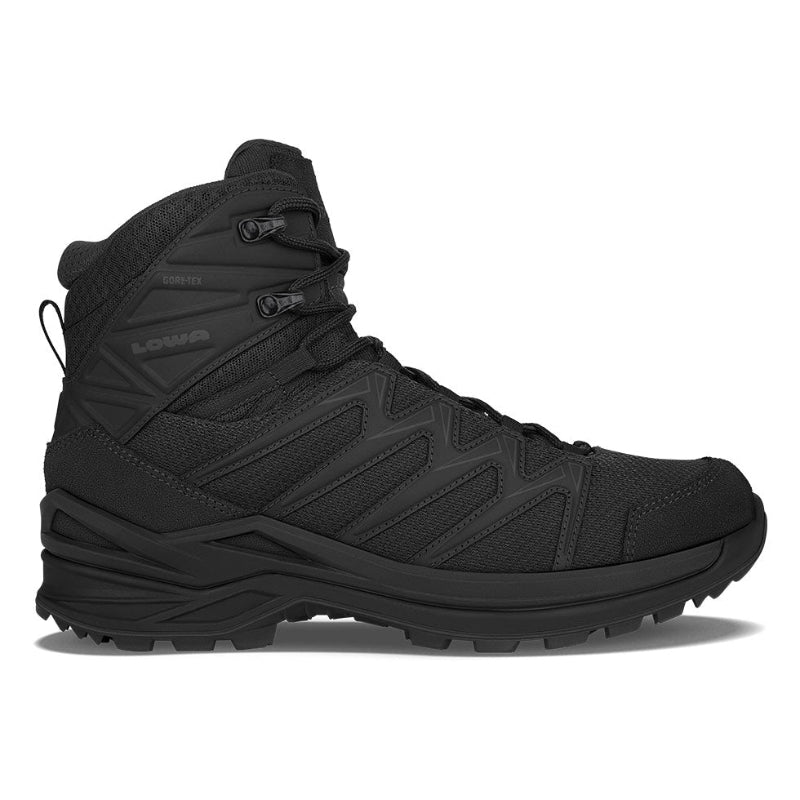 Black tactical boot with brand logo on a white background