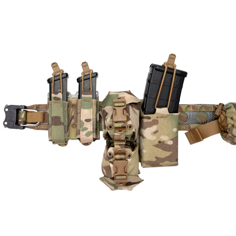 Multicam tactical belt setup featuring Frag Bag™ pouch mounted between double pistol mag pouches and rifle mag carrier
