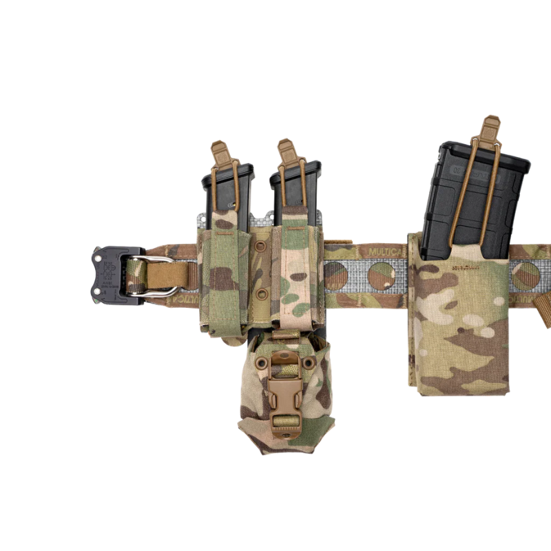 Multicam tactical belt setup featuring Frag Bag™ pouch mounted between double pistol mag pouches and rifle mag carrier