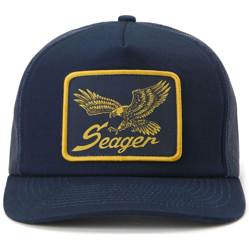 Navy blue cap with yellow eagle logo and 'Seagen' text on a white background