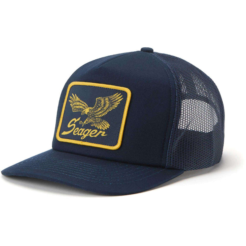 Navy blue cap with yellow eagle logo and 'Seager' branding on a white background