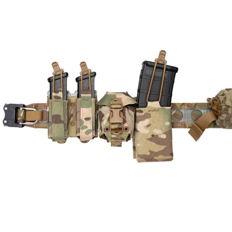 Multicam tactical belt setup featuring Frag Bag™ pouch mounted between double pistol mag pouches and rifle mag carrier