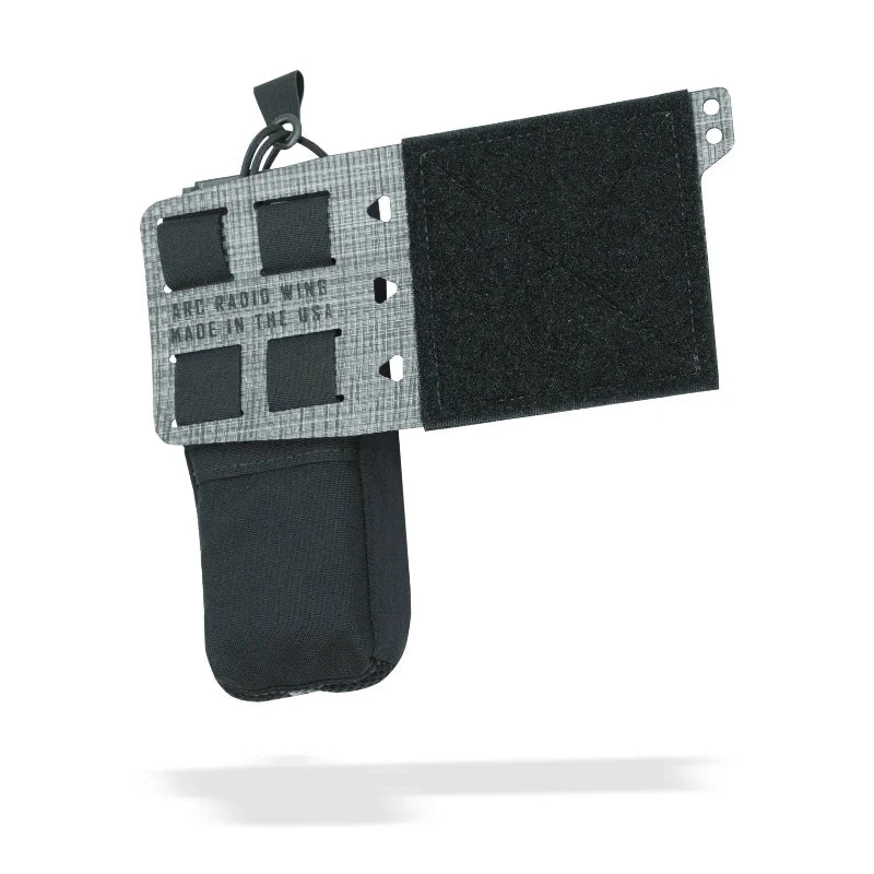 Black Radio pouch with attached velcro wing on a white background