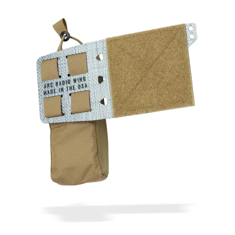 Coyote Brown Radio pouch with attached velcro wing on a white background