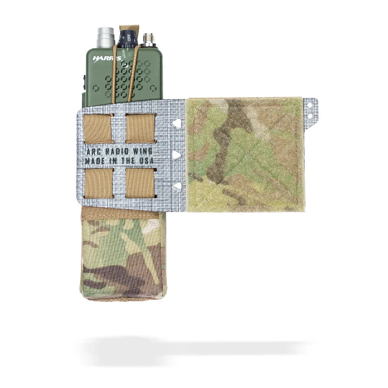 Radio inside of licensed MULTICAM pouch with attached velcro wing on a white background