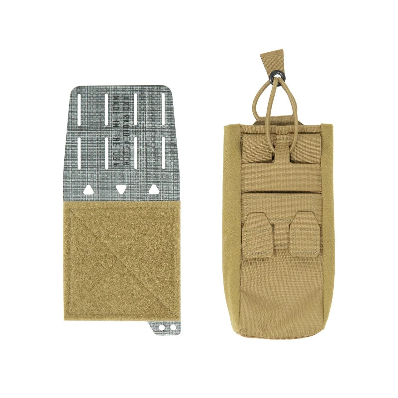 Detached coyote brown radio pouch and velcro wing on a white background