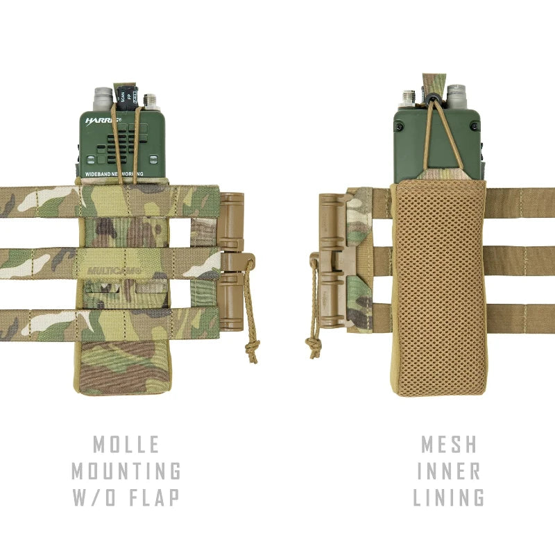 Radio inside of pouch attached to a cummerbund. Showing mesh inner lining and outward facing MULTICAM lining view. On a white background