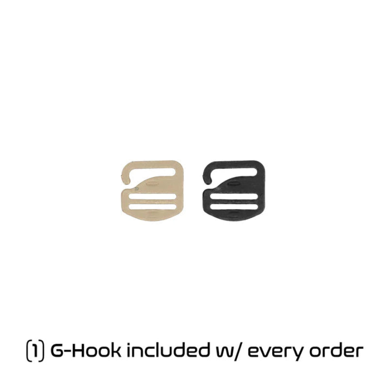 Close-up of AXL Eclipse Belt G-Hooks showing modular attachment hardware, included for secure fit and adjustable buckle positioning on tactical outer belts