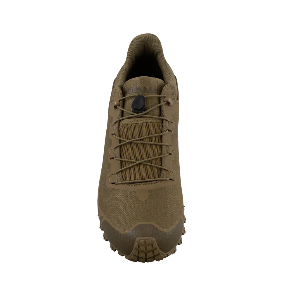 Altama Legacy Low Coyote tactical training shoe close up featuring toggle lacing system for secure lockdown during movement drills