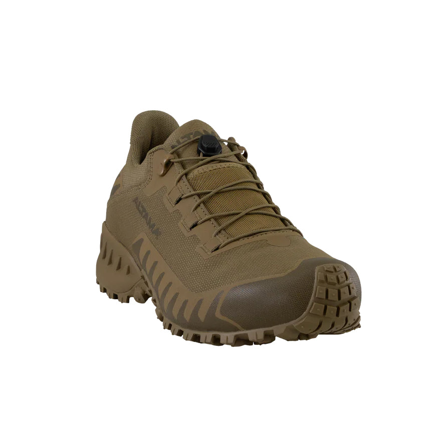 Altama Legacy Low Coyote tactical training shoe upper view featuring quick adjust lacing system, reinforced textile construction, and durable 3D printed support panels for range and gym use