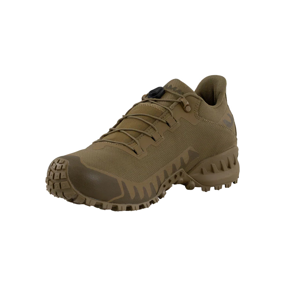 Altama Legacy Low Coyote angled front detail highlighting reinforced toe box and aggressive outsole edge for range and field use