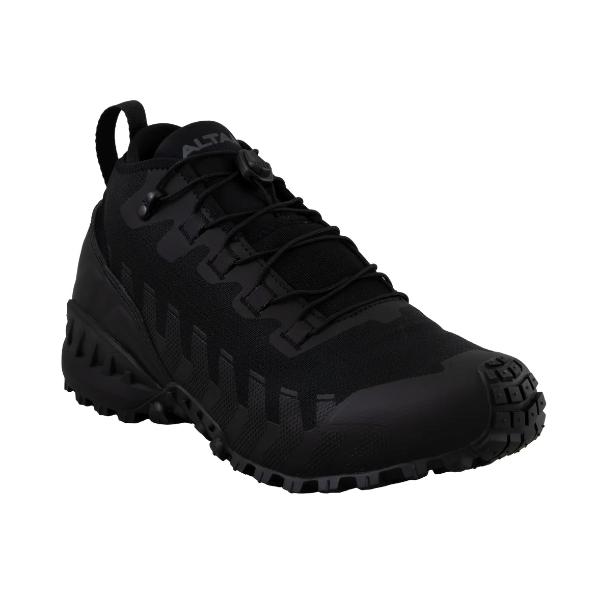 Altama Legacy Mid Black angled toe view showing thermoplastic reinforced toe cap for impact protection during field training