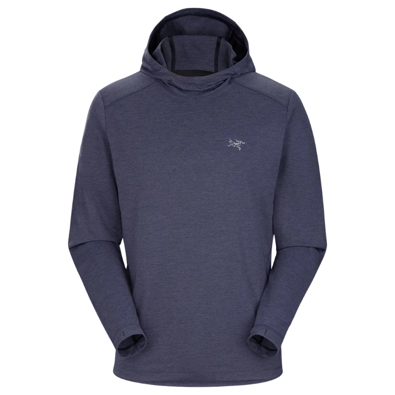 Arc'teryx Cormac Hoody in Black Sapphire featuring a lightweight, breathable fabric, laminated hood, long sleeves, and Arc'teryx bird logo on the chest.