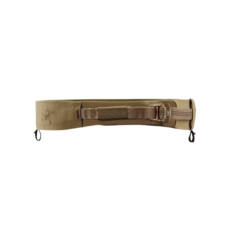 A coyote brown riggers tactical belt with a buckle closure, webbing strap, and two small black hanging loops, shown against a plain white background.