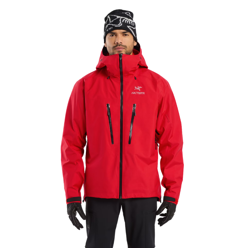 Front product shot of the Arc'teryx Alpine Guide Jacket in Dynasty II bright red showing the professional ski guide GORE TEX PRO winter shell featured in the Arc'teryx on sale collection.