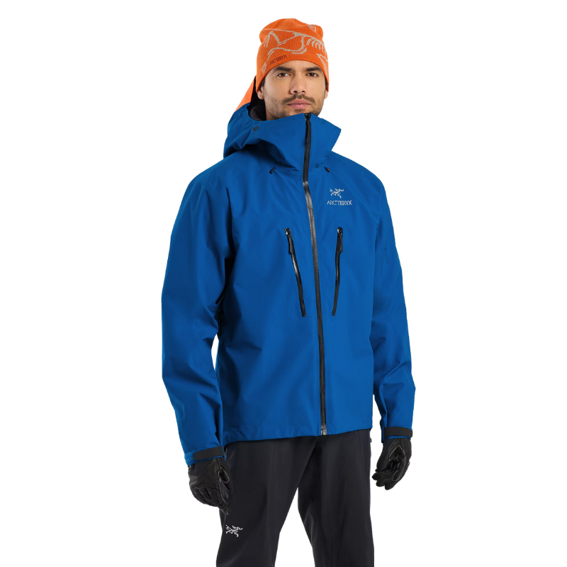 Front product shot of the Arc'teryx Alpine Guide Jacket in Rigel Blue showing the professional ski guide GORE TEX PRO winter shell featured in the Arc'teryx on sale collection.