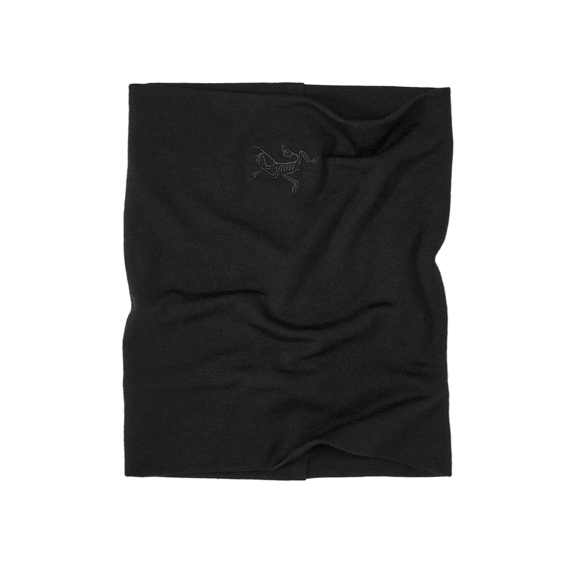Flat lay image of the Arc'teryx Cold WX Neck Gaiter AR Wool in Black showing the seamless merino wool blend, soft stretch construction, and embroidered Arc'teryx logo. Highlights the lightweight insulating design, moisture-wicking performance, and low-profile fit optimized for cold weather tactical use and winter outdoor conditions.