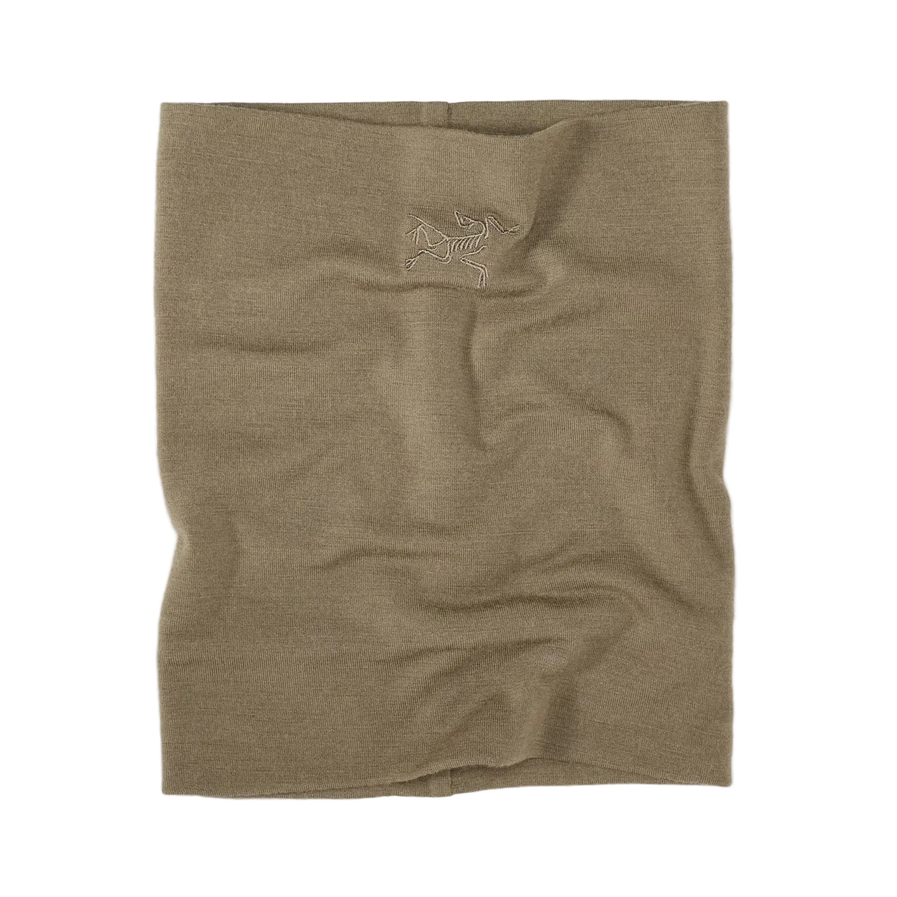Flat lay image of the Arc'teryx Cold WX Neck Gaiter AR Wool in Crocodile showing the seamless merino wool construction, stretch profile, and embroidered Arc'teryx logo. Highlights the low-bulk thermal design, moisture-wicking properties, and cold-weather performance ideal for tactical operations and winter outdoor environments.