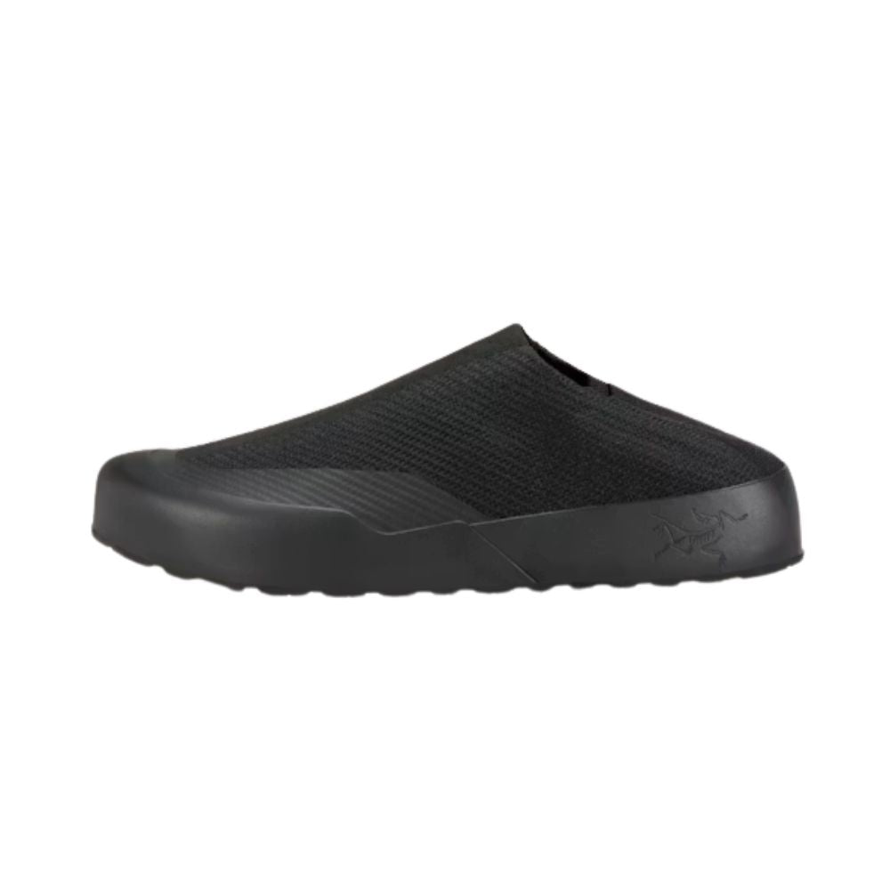 Arc'teryx Kragg Shoe in Black shown with the collapsible heel folded down for comfortable slip-on camp shoe wear.