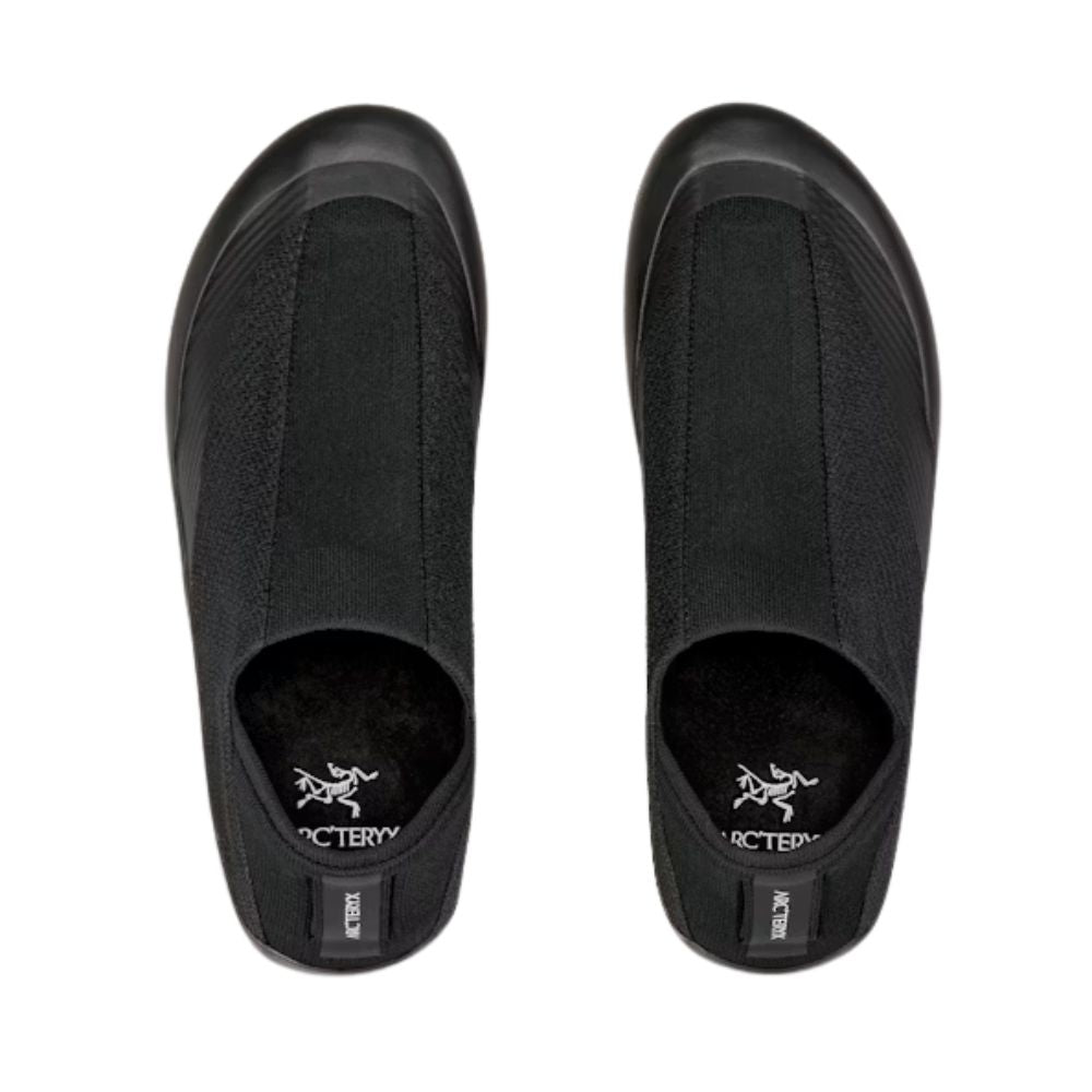 Top-down view of the Arc'teryx Kragg Shoe in Black showing the stretch-knit upper, engineered fit, and easy slip-on design.