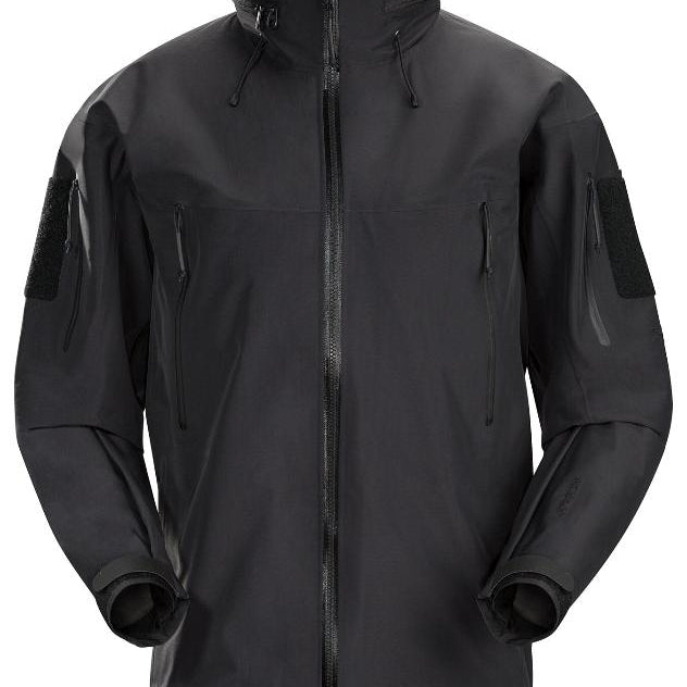 Product shot of the Arc'teryx LEAF Alpha Jacket Gen 2.2 in Black showing the military fit GORE TEX 3 layer waterproof tactical shell with StowHood, underarm vents, and upper arm ID patch panels built for wet weather operations.