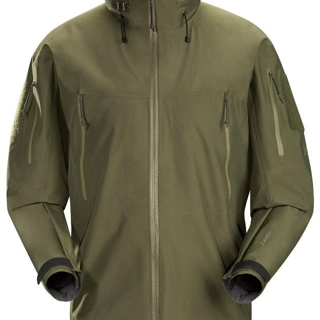 Product shot of the Arc'teryx LEAF Alpha Jacket Gen 2.2 in Ranger Green showing the military fit GORE TEX 3 layer waterproof tactical shell with StowHood, upper arm ID patches, and mission ready pocket layout designed for wet weather operations.