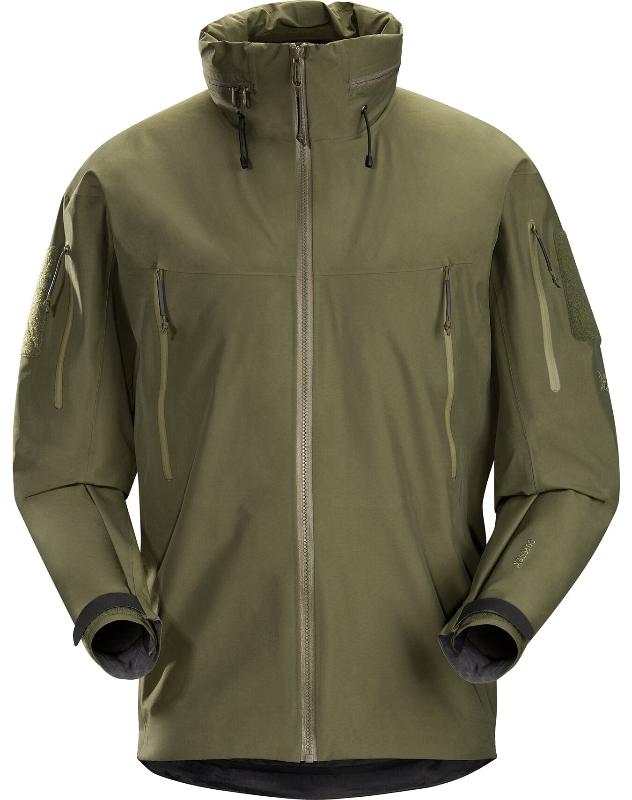 Product shot of the Arc'teryx LEAF Alpha Jacket Gen 2.2 in Ranger Green showing the military fit GORE TEX 3 layer waterproof tactical shell with StowHood, upper arm ID patches, and mission ready pocket layout designed for wet weather operations.