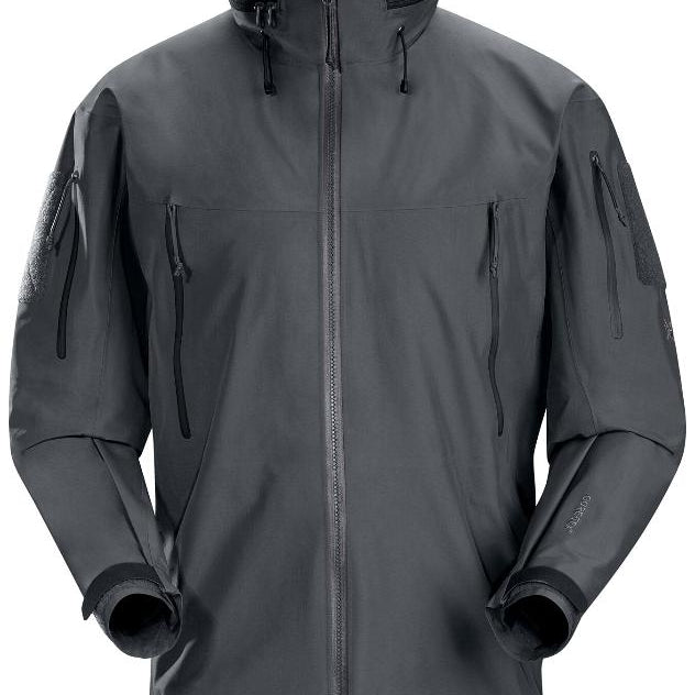 Product shot of the Arc'teryx LEAF Alpha Jacket Gen 2.2 in Wolf Grey showing the military fit GORE TEX 3 layer waterproof tactical shell with StowHood, upper arm ID panels, and mission ready features for wet weather operations.