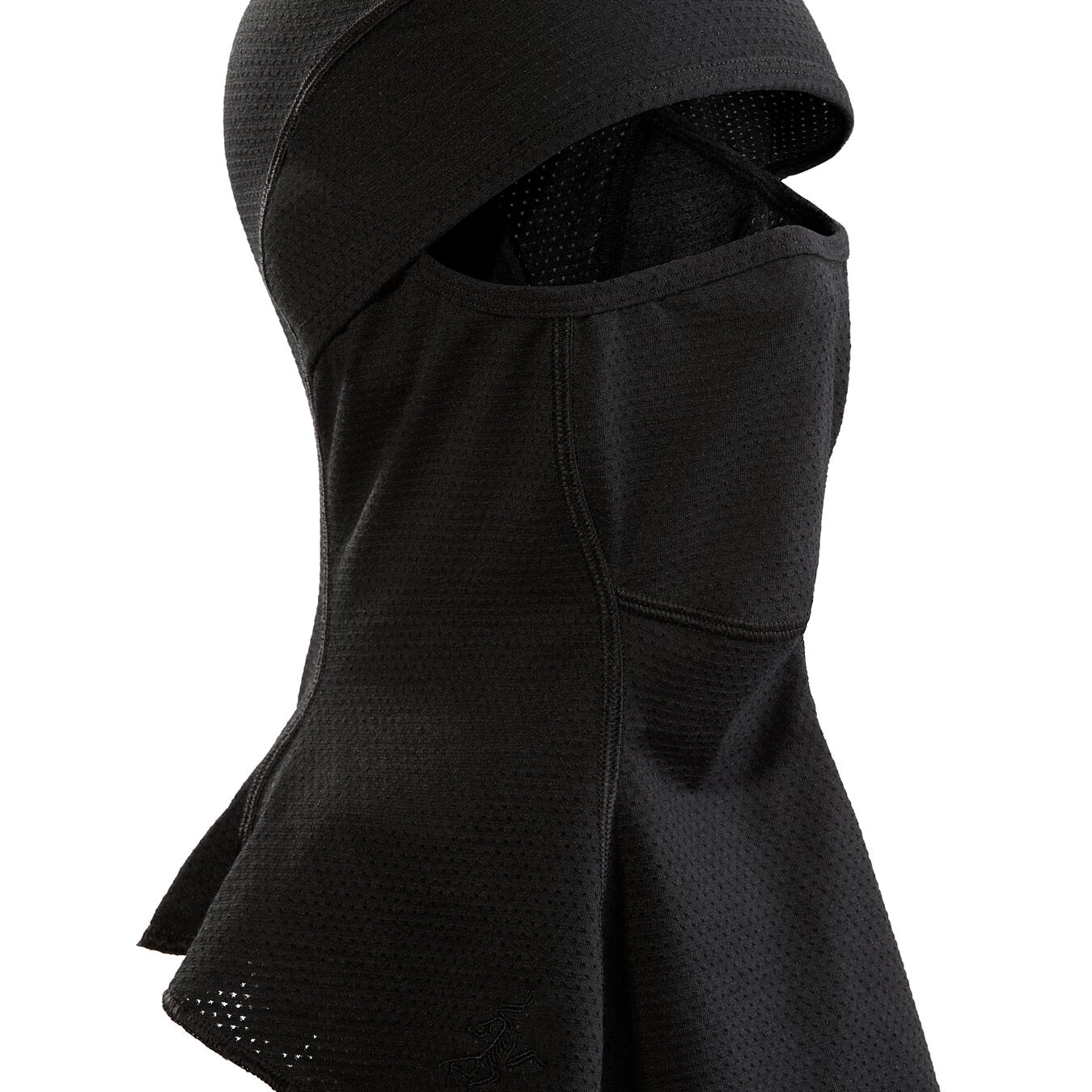 Product shot of the Arc'teryx LEAF Assault Balaclava FR Gen 2 in black showing the flame resistant mesh tactical balaclava built for direct action missions and available on sale in the Arc'teryx LEAF collection.