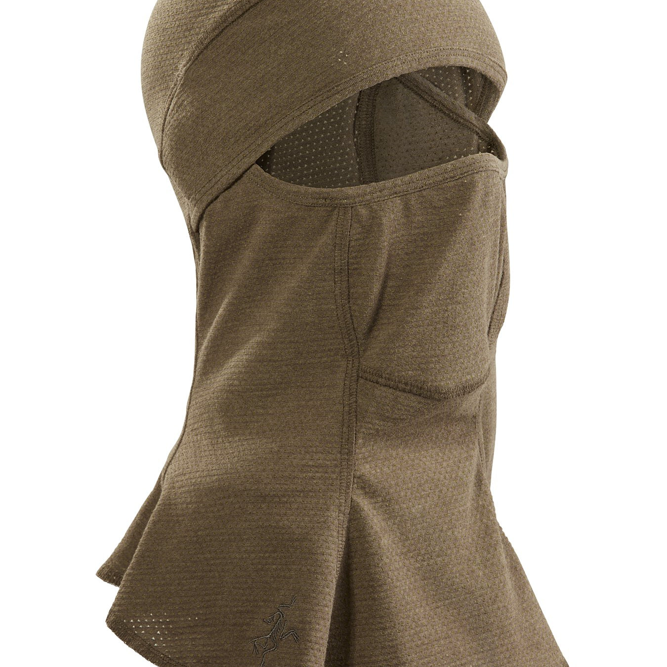 Product shot of the Arc'teryx LEAF Assault Balaclava FR Gen 2 in Crocodile showing the flame resistant mesh tactical balaclava built for direct action missions and full helmet integration.