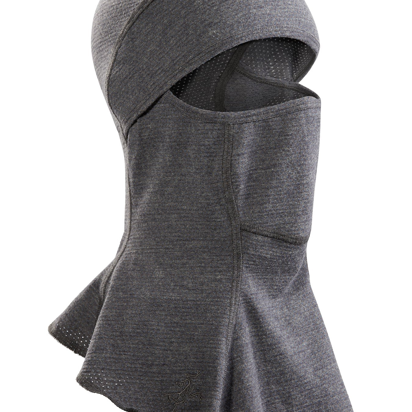 Product shot of the Arc'teryx LEAF Assault Balaclava FR Gen 2 in Wolf showing the flame resistant mesh tactical balaclava designed for direct action missions and helmet integration.