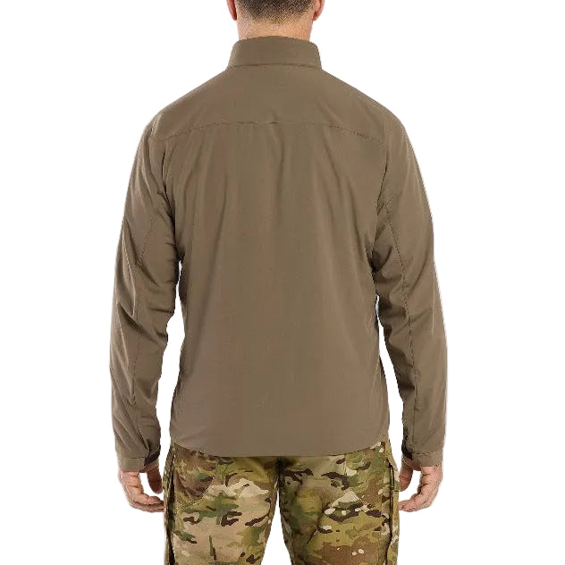 Back view of the Arc'teryx LEAF Practitioner AR Jacket in Crocodile showing the articulated patterning, drop hem design, and Fortius Air 50 fabric built for mobility, moisture management, and lightweight insulation during tactical and outdoor operations.